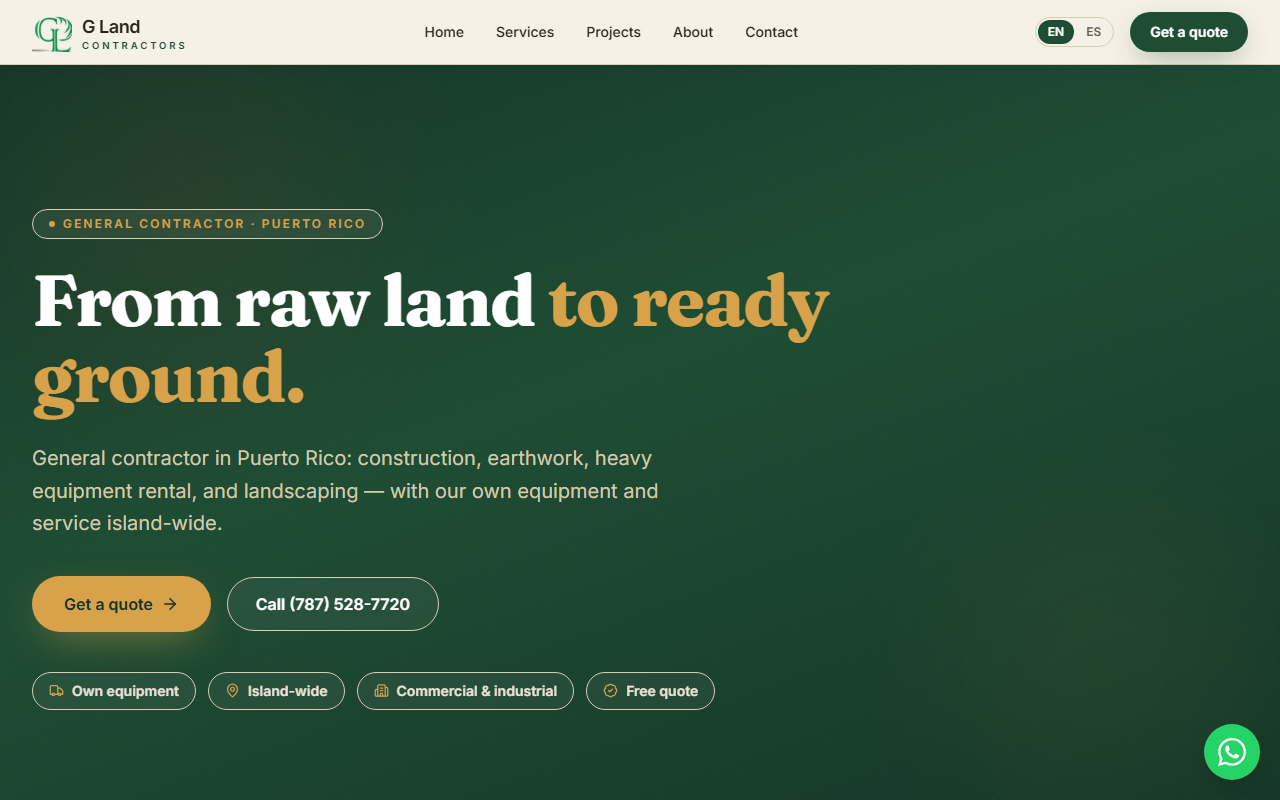 G Land Contractors website, designed and built by R21 Digital